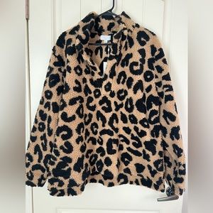 Mud Pie Leopard Print Sherpa Pullover with snap button closure new size Large